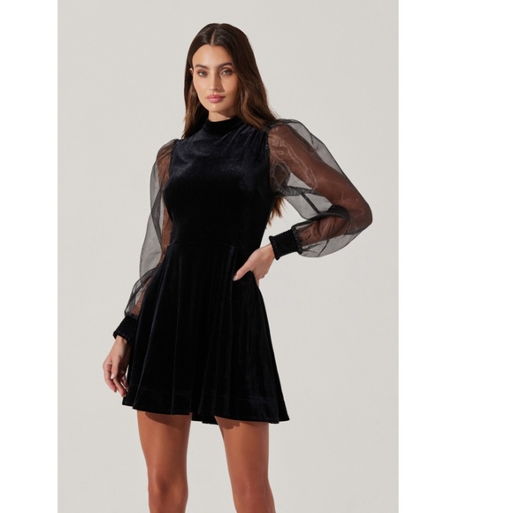 NEW ASTR Black VELVET High Neck SHEER Puff Sleeve COCKTAIL Mini DRESS S - Picture 4 of 16